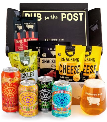Serious Pig + Vocation Brewery Craft Beer and Snacks Gift Hamper with Glassware and Tasting Notes (13 Pack)