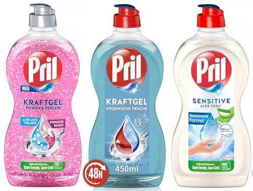 PRIL-Set Kraftgel 1x Power & Perlen Granatapfel & Orangenblüte & 1x Hygienische Frische & 1x Sensitive Aloe Vera, Handgeschirrspülmittel-Set mit hoher Fettlösekraft, 3x 450ml
