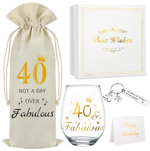 DEARLIVES Copas de vino de 40 cumpleaños, regalos personalizados para 40 años, regalos de copa de vino dorada, bolsas de botellas de 17 onzas