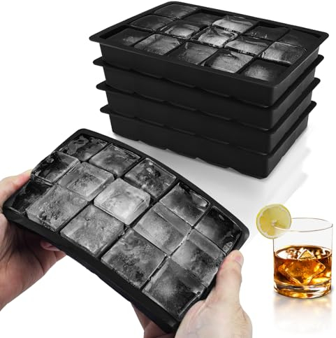 Cubetti Ghiaccio Silicone Stampo CNMTCCO Ghiaccio Stampo Confezione Da 4 Totale 60 Scomparti Fai Grande Cubetto Per Cocktail, Whisky, Vino, Frutta, Puree Di Frutta, Gelati (Nero)