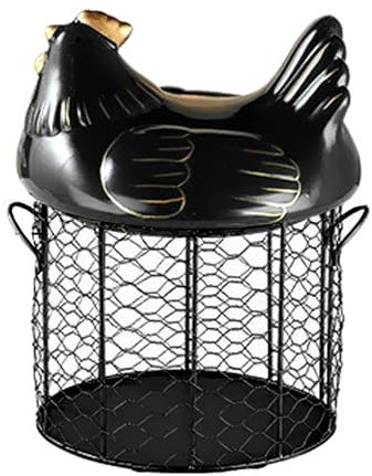 belupai Chicken Egg Basket, Wire Egg Collection Baskets with Ceramic Lid and Handle Fresh Egg Gathering Basket in Decorative Chicken Shaped Design, Egg Display Storage Basket for Counter(Balck)