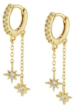 Double Star CZ Chain Dangle Drop Small Hoop Earrings for Women Cartilage Dainty Sterling Silver Post Cubic Zirconia Huggie Hoops Hypoallergenic Hooped Fashion Jewelry Gifts