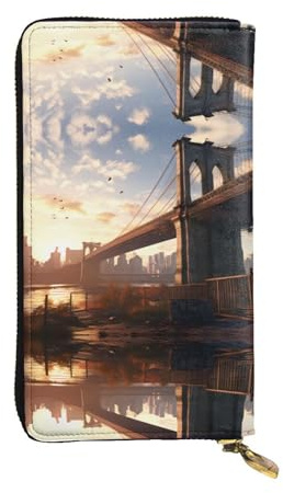 Wzywhj Portefeuille en cuir pour femme avec plusieurs compartiments et fermeture éclair Motif Brooklyn Bridge Prints, Noir , Taille unique
