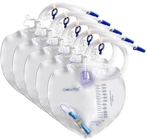 GlobalRoll Urinary Drainage Bag with Anti-Reflux Chamber, Bedside Drainage Bag 2000 mL with 48 Drainage Tube, Hook Hanger and Clips, Urine Bag with Metals Buckle for Home and Hospitals, 5 Pack