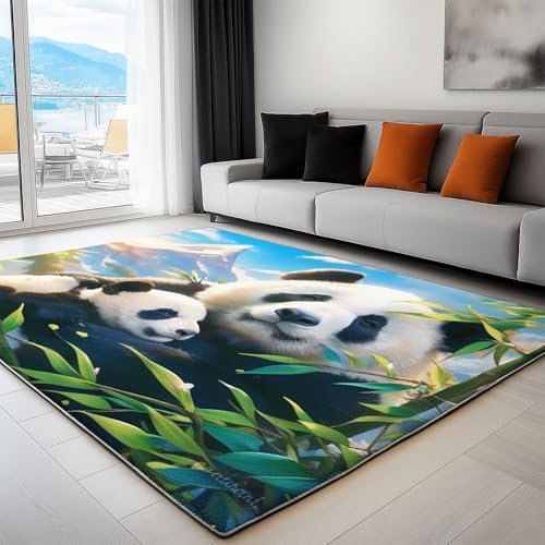 Teppich Schlafraum Blau Grün bedruckter rechteckiger Wohnzimmer Pandamutter mit Jungem im Bambus Teppich aus Vliesstoff esszimmer waschbare120 x 180 cm