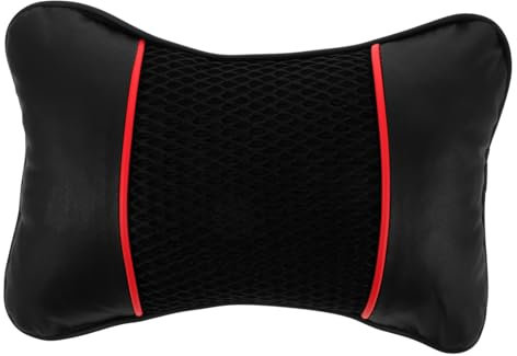 MOLUCKFU Car Neck Pillow Pu Leather Cover Breathable Polyester Mesh Head Rest Pillow for Driving and Travel High Elasticity Independent Cushion Core Black and Red