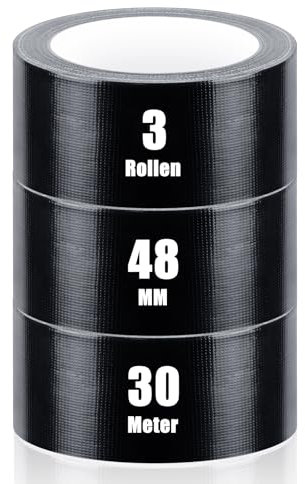 iuqiepo 3 Rollen Panzertape, Gewebeklebeband 30m x 48mm, Wasserfestes Reparaturband für Innen und Außen, Hochklebendes Panzertape Schwarz, Handreißbares Panzerband