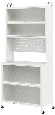 GOPLUS Armario de Cocina con 6 Niveles, Armario Buffet con Encimera y Armarios, Despensa con Puertas Batientes, Ganchos, Buffet de Cocina con Ruedas, Armario Microondas (Blanco)