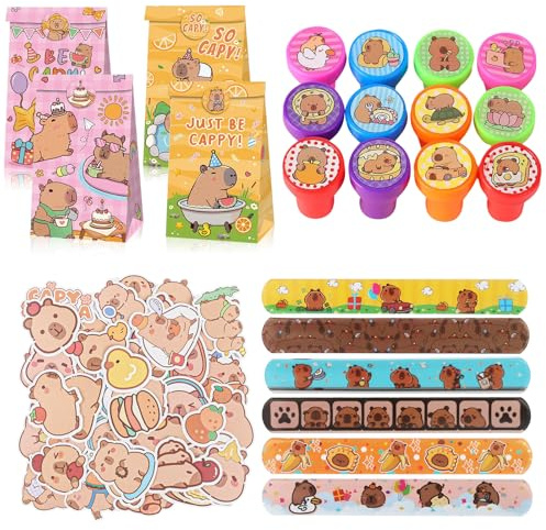 TIVUNORON Capybara Set Bomboniere Compleanno Bambini, Con Sacchetti Regalo, Braccialetti, Simpatici Timbri, Adesivi, Festa Di Compleanno Per Bambini Regali Di Compleanno Regali
