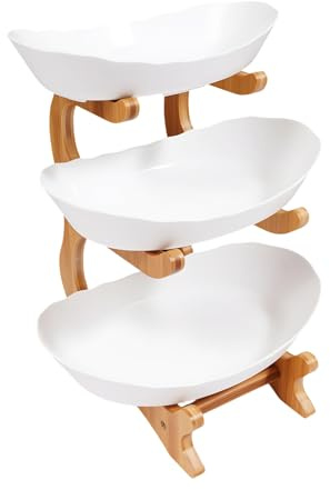 Repomanda Fruit Bowl, 3 Tier Fruit Basket, Food-Grade PP Serving Tray with Bamboo Stand for Fruit Snack Dessert Candy Storage, Countertop Organizer for Kitchen and Party Use