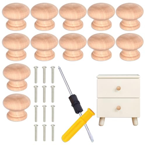 Tiradores de madera para muebles 12 unidades, pomos redondos para puertas de madera y cajones, con tornillos y destornillador, 35 x 30 mm, para muebles, cocina, color madera