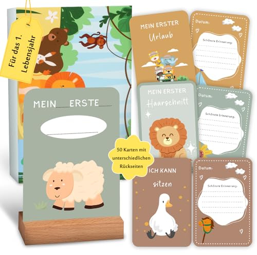 Giftota Meilensteinkarten Baby - 50 Karten (verschiedenen Rückseiten) inkl. Kartenständer aus Holz - Baby Geschenk für Junge und Mädchen - Niedliche Tiere Stil Meilensteinkarte