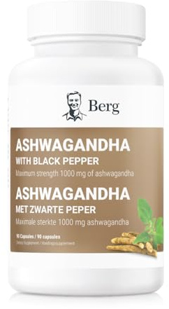 Berg Ashwagandha 1000 mg – Standardiserat Rotextrakt (1,5% Withanolider) med äkta BioPerine – Svartpeppar – 90 Kapslar