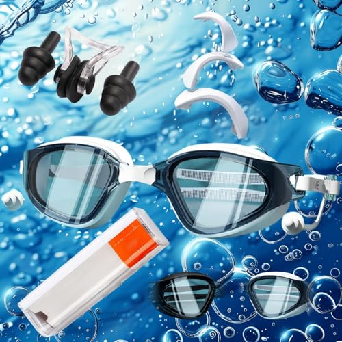 HSTWODE Occhialini da nuoto ottici con intensità visiva | Diottrie: da -0 a -6,0 | Anti appannamento | Protezione UV | Super vestibilità | Include scatola stabile (Lake Blue White, -5.0)