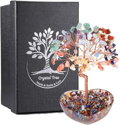 JSDDE 7 Chakra Feng Shui Baum mit Herzform Harz Basis Edelsteine Baum Lebensbaum Deko Geldbaum Kristallbaum Glücksbringer spirituelle Geschenke