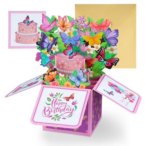 DISJOURNEY Geburtstagskarte - Schmetterling und Blumen 3D Pop Up Karte Geburtstag mit Umschlag - Happy Birthday Karte für Kinder Mama Frauen Männer Romantik Geschenke