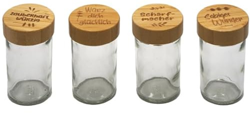 Lot de 4 salières à épices, poivrière, salière, avec couvercle en bambou et inscription en allemand - Capacité : 80 ml : « Salziges Wunder», « Salière » « Spiz dich glücklich » « Épice magique »