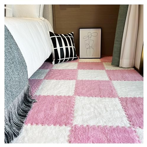 LRFNKCT Teppichfliesen, Ineinander greifende Schaumstoff-Bodenmatten, 10 Stück quadratische Plüsch-Bodenfliesen,(White+Pink)