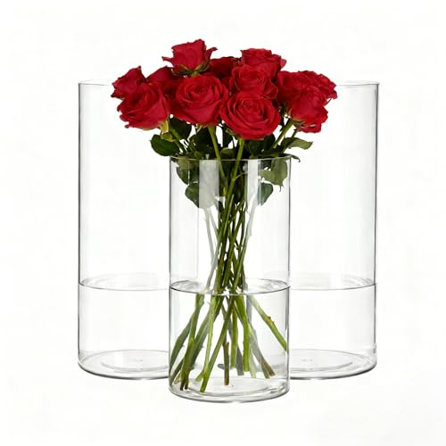 Koelaa 3 Teiliges Set Transparente Acryl-Blumenvasen, Kunststoff-Zylindervasen, Modernes Vasen-Set für Blumenarrangements, Tischdeko, Einweihungsparty & Hochzeitscenterpieces(10x30 & 12x40 & 15x40cm)