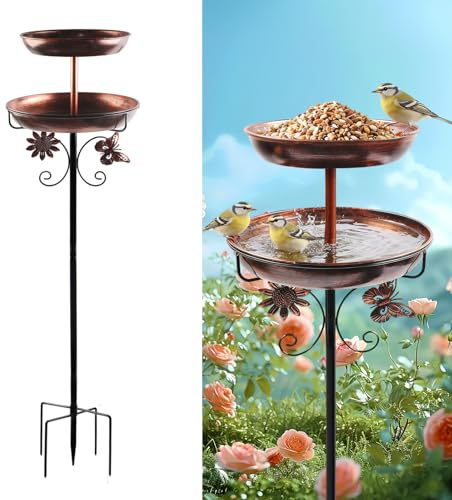 MaxEarn 45In Vogeltränke Stehend, 2-in-1 Metall Vogelbad für Draußen Garten mit Doppelbecken und Stabiler 5-Zinken-Basis, Groß Vogeltränke Ständer für Garten, Terrasse, Hof