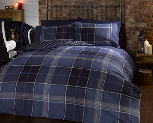 Argyle Single Quilt Duvet Cover and Pillowcase Reversible Bedding Bed Set, Tartan Check - Blue