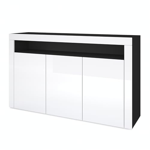 Vladon Sideboard Valencia, Kommode mit 3 Türen und 1 offenem Fach, Schwarz matt/Weiß Hochglanz (155 x 92 x 40 cm)