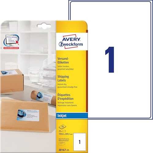 AVERY Zweckform J8167-25 Versandetiketten/Versandaufkleber (25 Etiketten, 199,6x289,1mm auf A4, bedruckbar, selbstklebend, für Inkjet-Drucker, für Pakete und Päckchen) 25 Blatt, weiß