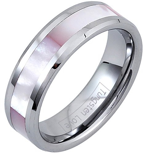 JewelryWe Schmuck Damen Breit 6MM Wolfram Wolframcarbid Ring Band Glänzend mit Synthetisch Rosa Muscheln Shell Inlay Engagement Hochzeit, Silber, Größe 47 bis 70