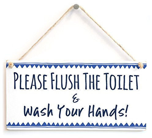 Flush Toilet Wash Hands Sign, Blue Zigzag Notice | Blue zigzag flush reminder