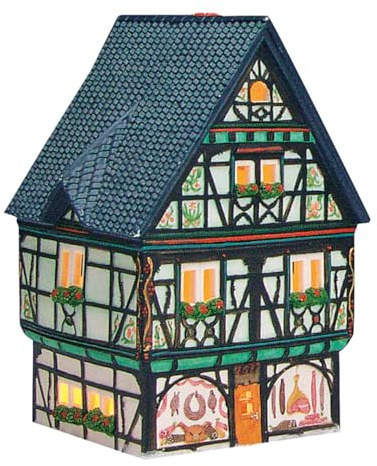 Wurm Miniaturhaus - Lichthaus Metzgerei in Linz am Rhein, Porzellan, Sammlerstück, handbemalt, 1:12, 10x10x19 cm