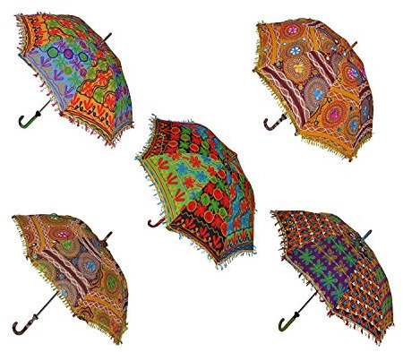 Hochzeitsschirme in indischem Design, handgefertigt, Baumwolle, modisch, mehrfarbig, mit Stickerei, UV-Schutz, Sonnenschirm, Boho-Regenschirm, 5 Stück