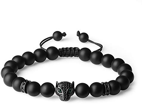 COAI Pulsera Ajustable con Cuentas de Ónice Mate y Amuleto Leopardo