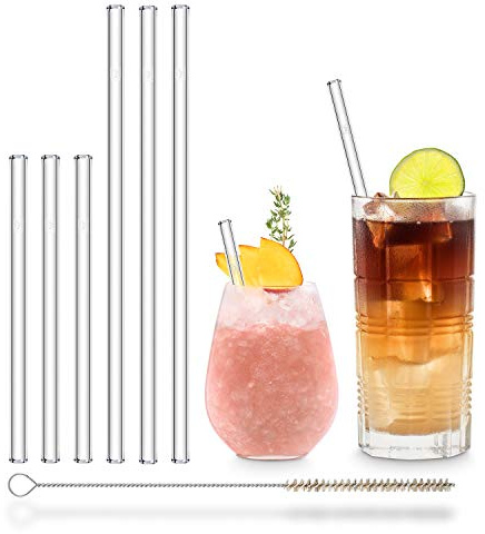 HALM Glas Strohhalme Wiederverwendbar Trinkhalm - 6 Stück, 2 Größen - Made in Germany - Glastrinkhalme + plastikfreie Reinigungsbürste - Spülmaschinenfest - Glasstrohalme