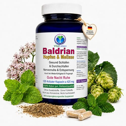 BALDRIAN + HOPFEN + MELISSE 120 Kapseln GUTE NACHT Nerven beruhigen, Entspannung, gesunder Schlaf, innere Balance, abschalten auf natürliche Art. NATUR pur. OHNE ZUSATZSTOFFE. 26660-120