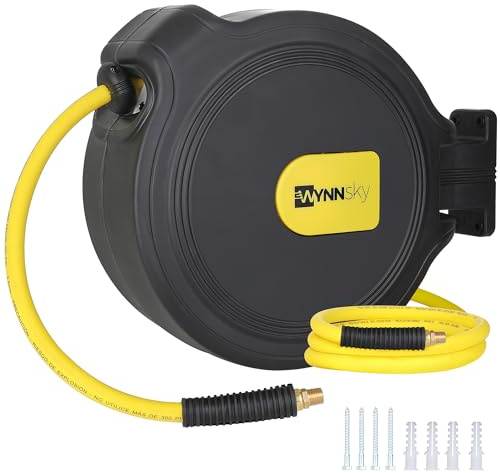WYNNsky Retractable Air Compressor Hose Reel, 3/8 Inch × 50 Feet Hybrid Hose, Universal Coupler and Industrial Plug, 1/4 Inch Body, 1/4 Inch NPT, Swivel Mount Bracket