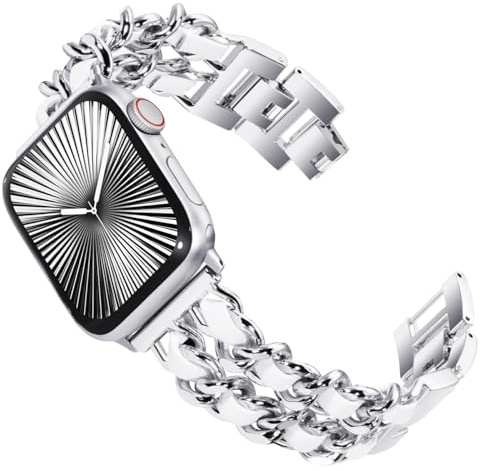 KADES Damen Ersatzarmbänder Kompatibel mit Apple Watch Armband 46mm 45mm 44mm 42mm(Series 3 2 1),Metall Gliederarmband für iWatch SE (3 2 1) Series 11/10/9/8/7/6/5/4/3/2/1, Silber/Weiß