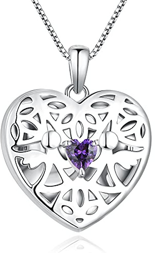 FJ Herz Foto Medaillon Anhänger Halskette Schutzengel Kette Damen 925 Sterling Silber Bilder Memory Medaillon Kette mit Februar Geburtsstein Amethyst Schmuck Geschenke für Frauen Mädchen