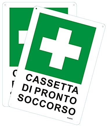 Andchi 2-pezzi Cartello in Alluminio Emergenza Sicurezza Avvertenza Segnale di Pronto Soccorso Segnale di Sicurezza Cassetta di Pronto Soccorso - 25x35 cm