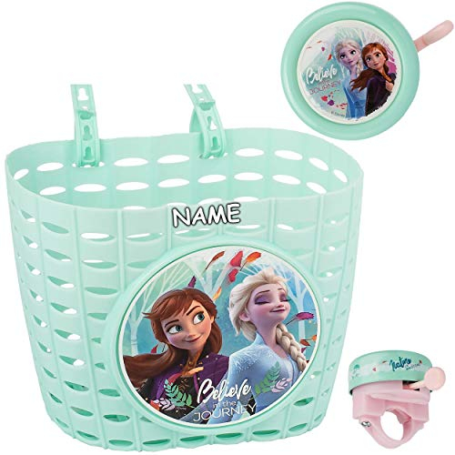 alles-meine.de GmbH 2 TLG. Set: Fahrradklingel + Fahrradkorb - Korb - Frozen - die Eiskönigin - incl. Name - mit Befestigung für Lenker vorn - Klingel - Fahrrad Kinder - Mädc..