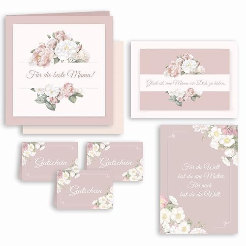 Mama Mutter Geschenkset Glückwunschkarte 7 teiliges Set mit Grußkarte Klappkarte mit Umschlag Gutschein Flaschenaufkleber Blumenaufkleber Sticker Zart Pastell alles Gute Alles Liebe Muttertag Mami