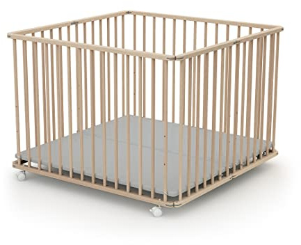 Webaby - Laufstall Baby Faltbar Holz mit Rollen und Matte 100x100 Buche roh| Laufgitter Baby Klappbar XXL | 3 Stufen Höhenverstellbar | Für Kinder bis 24 Monate