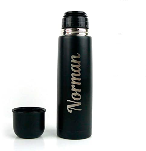 Personalised Hot Drink Flask Reusable Thermal Mug and Cup Lid - Engraved Personalised Gift - Hot Water Tea Coffee On The Go - Car Travel Mug - Black Insulated Stainless Steel Vacuum Flask by Hoolaroo