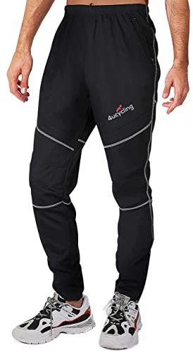 4ucycling Pantaloni lunghi da ciclismo, da uomo, termici, invernali, in pile, antivento, traspiranti, riflettenti, per alpinismo, jogging, ciclismo, sci, neve, Nero , XXL
