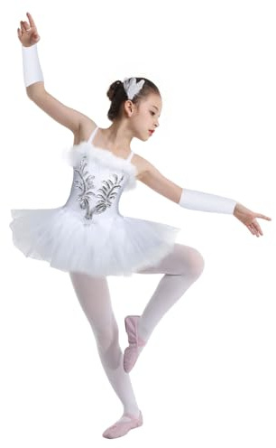 TTAO Vestido de ballet para niñas, traje de danza, camiseta de gimnasia, ballet para niños sin mangas, traje de cisne de ballet, vestido de tutú, Blanco, 164