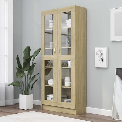 Tidyard Sleek Sonoma Oak Vitrine Cabinet with 5 Compartments & 2 Doors - Engineered Wood Bookcase for Home Decor Model802771