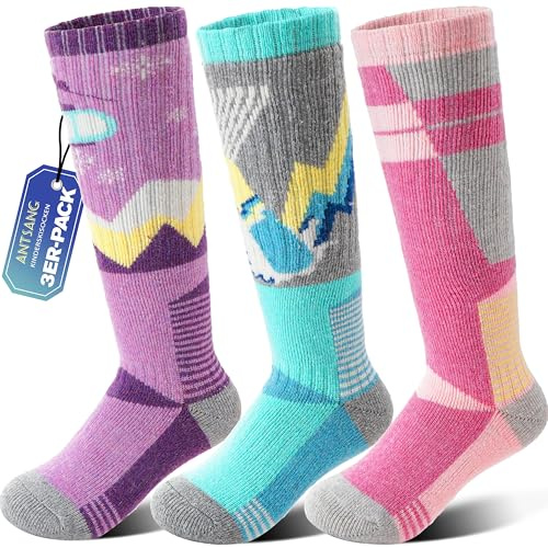 ANTSANG Calcetines de Esquí Niño Niña Lana Merino Invierno Térmicos Gruesos Cálidos Tobillo Alto para Esquí Snowboard 3 Pares(Morado/Verde/Rosa,34-38)