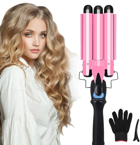 Pretfy 3 Barrels Hair Curler 22mm Beach Waves 60-230 °C Adjustable Temp, Mermaid Hair Waver Curling Tongs Wand, LCD Display, Wave Curlers Heat Resistant Glove, 30s Quick Heating, 60Min Auto-Off