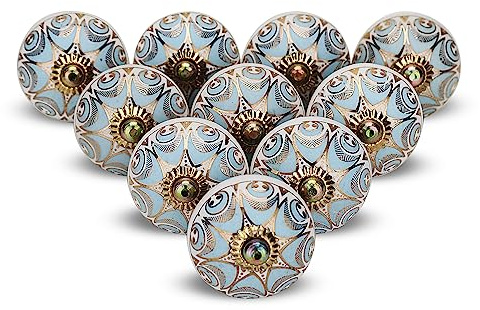 FURNISHFUL FINESSE Blau Keramikknöpfe für Küchenschrank-knauf, Vintage-Stil, Schubladen- und Kommodengriffe, Kleiderschrank, Boho-Raumdekoration, Möbelbeschläge, Türkis Blau Türknöpfe - 6 Stück