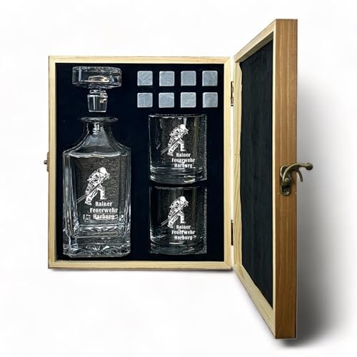 Whisky Set Feuerwehr Gravur und Wunschtext Karaffe 700 ml und Gläser personalisiert Holzbox Geschenk (Motiv 4: Feuerwehrmann mit Schlauch, Nur Karaffe)