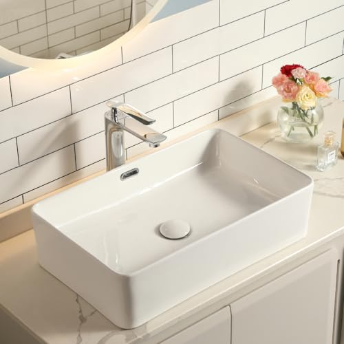 Waschbecken Badezimmer Keramik Aufsatzwaschbecken Eckig - Waschtisch Gäste WC Weiß Dünnem Rand Design - Waschplätze Handwaschbecken mit überlauf und Pop-up Ablaßventil- Waschschale 55 × 35 ×14 cm
